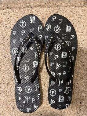 PINK Victoria's Secret Black Logo Pattern Studded Strap Flip Flops